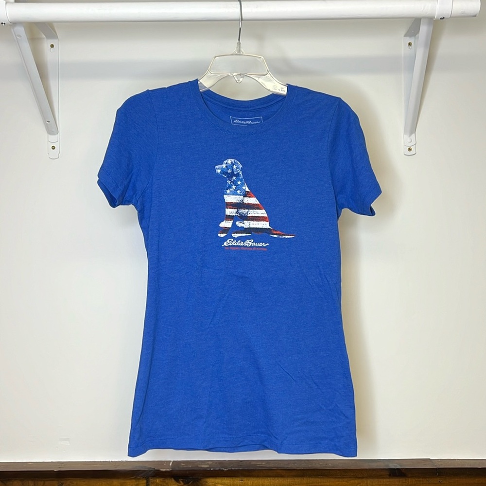 Eddie Bauer Blue American Flag & Dog T-Shirt- M